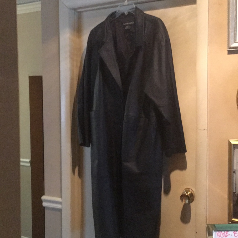Full length leather black coat.
